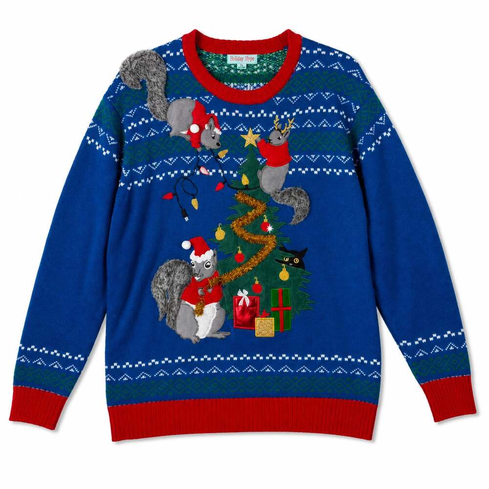 Holiday Hype Blue Squirrel Christmas Tree Ugly Sweater XL